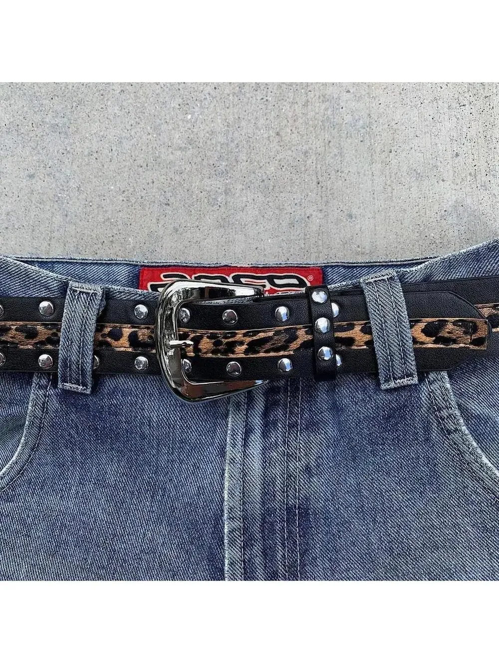 Cheetah print studded silver belt buckle belt. Punk gothic y2k style. 37 inches